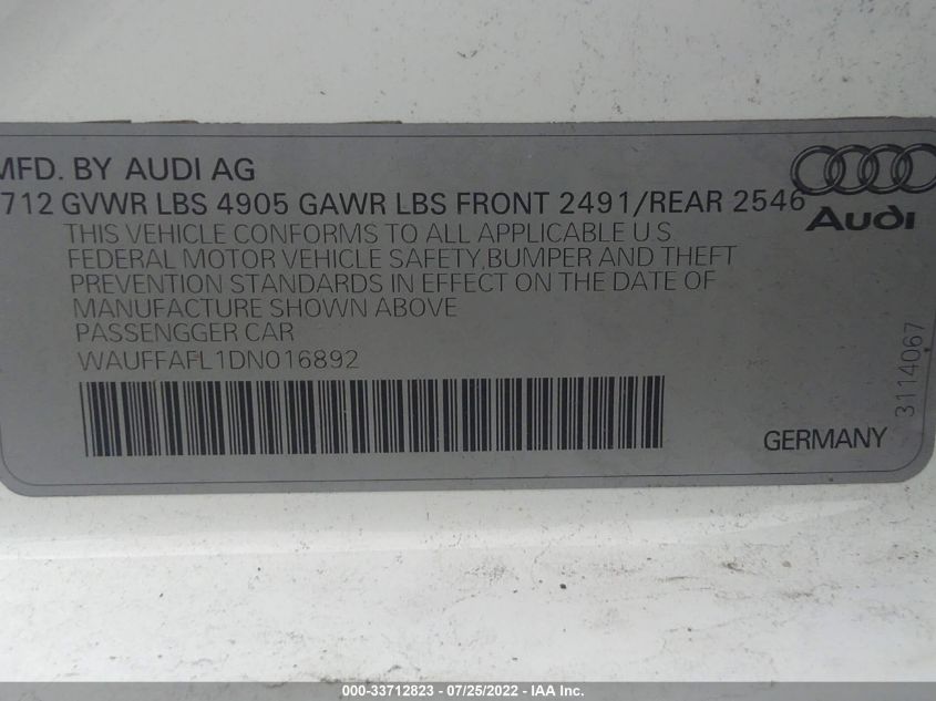 2013 AUDI A4 PREMIUM PLUS WAUFFAFL1DN016892
