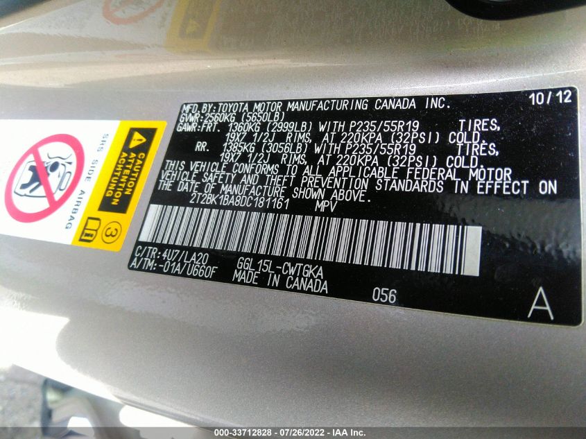 2013 LEXUS RX 350 2T2BK1BA8DC181161