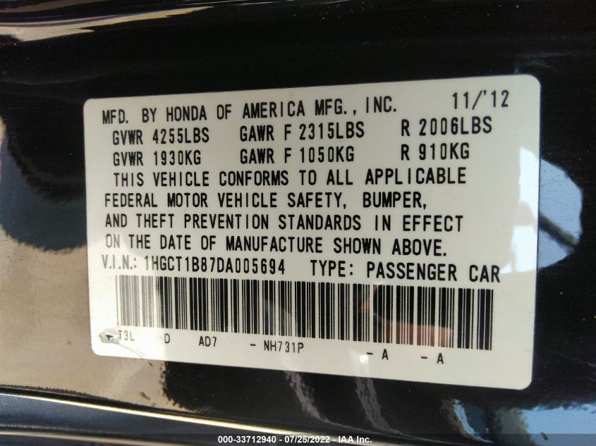 2013 HONDA ACCORD CPE EX-L 1HGCT1B87DA005694