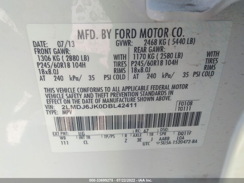 2013 LINCOLN MKX 2LMDJ6JK0DBL42411