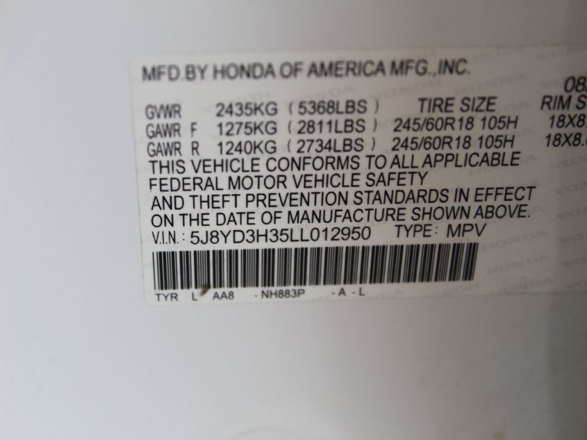 2020 ACURA MDX 5J8YD3H35LL012950