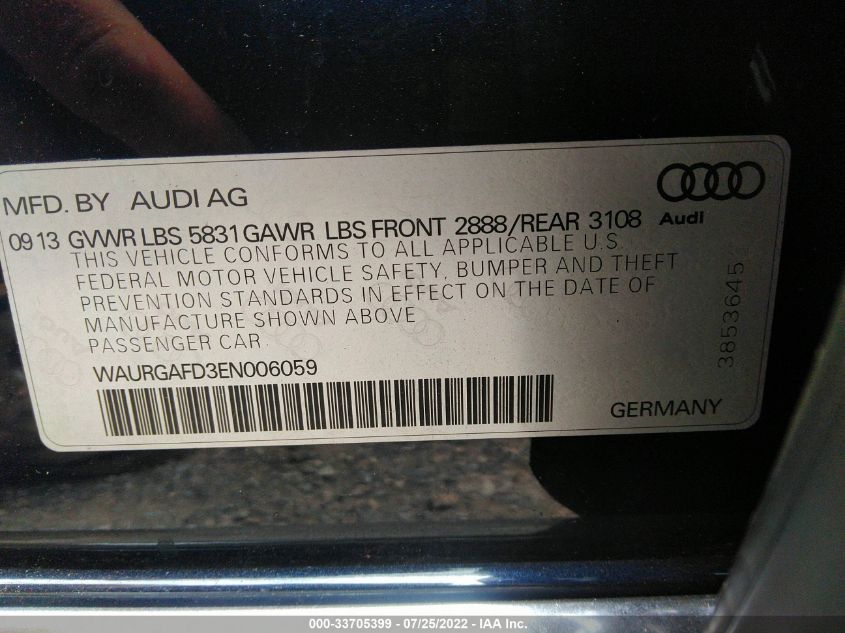 2014 AUDI A8 L 3.0T WAURGAFD3EN006059