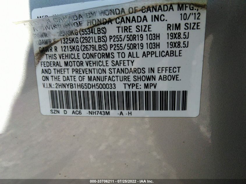 2013 ACURA ZDX 2HNYB1H65DH500033