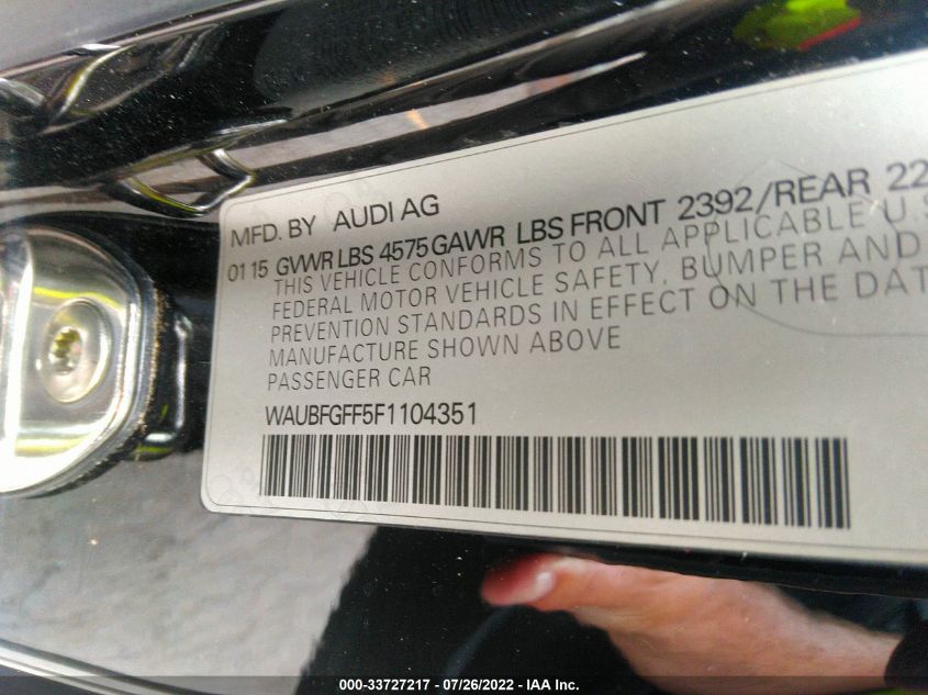 2015 AUDI S3/A3 2.0T PREMIUM WAUBFGFF5F1104351