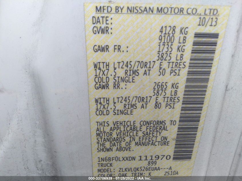 2013 NISSAN NV S 1N6BF0LXXDN111970