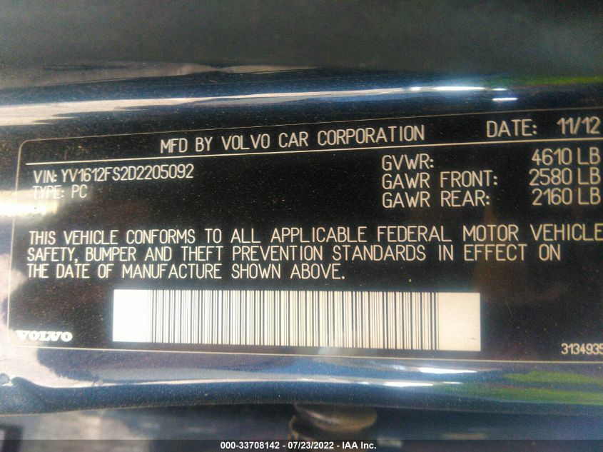 2013 VOLVO S60 T5 YV1612FS2D2205092