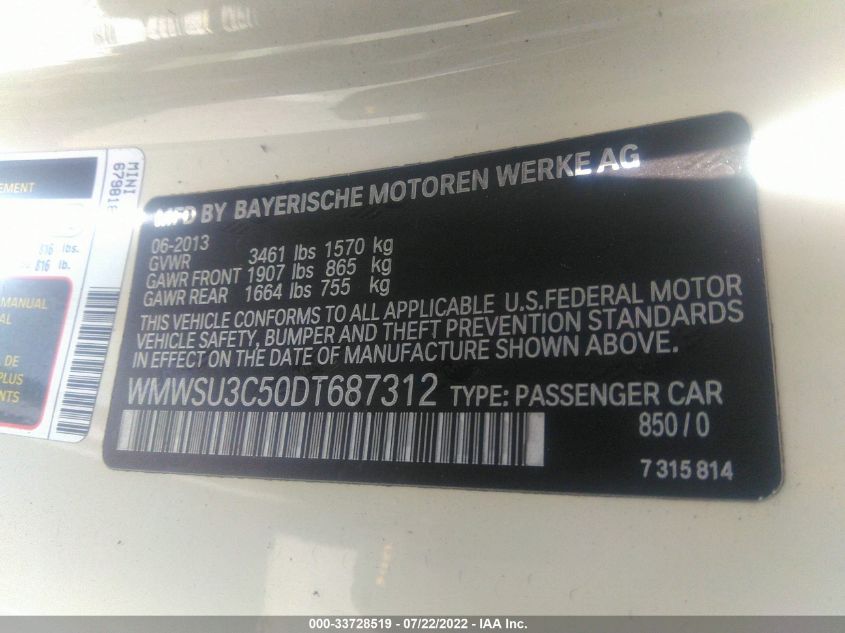 2013 MINI COOPER HARDTOP WMWSU3C50DT687312