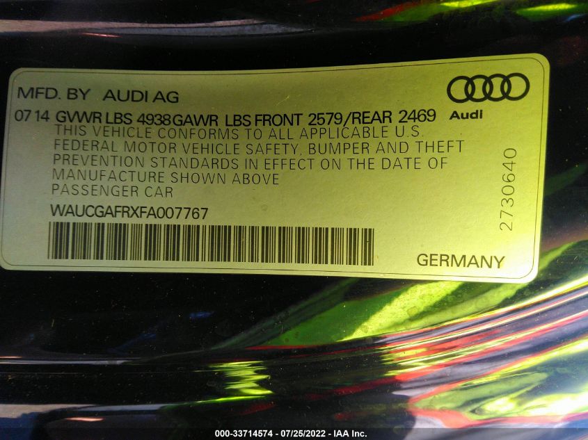 2015 AUDI S5 PREMIUM PLUS WAUCGAFRXFA007767