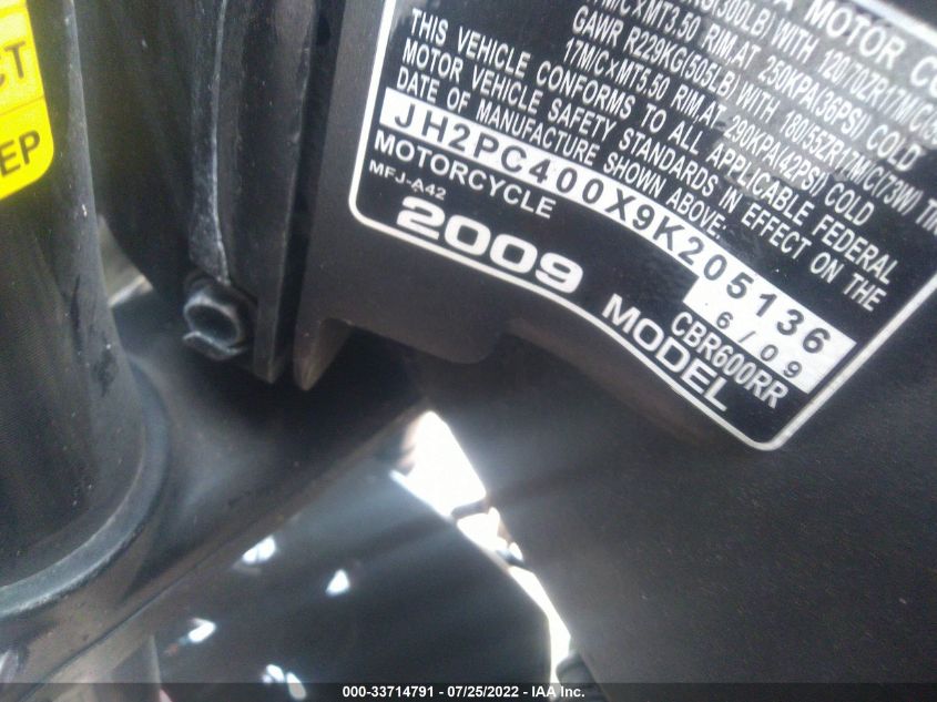 2009 HONDA CBR600 RR JH2PC400X9K205136