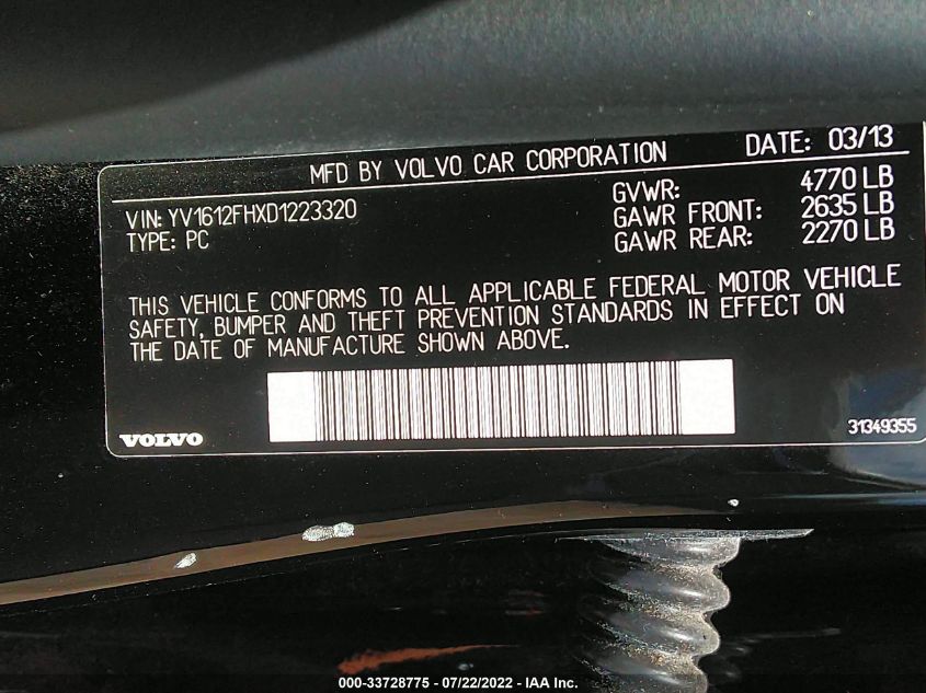 2013 VOLVO S60 T5 YV1612FHXD1223320