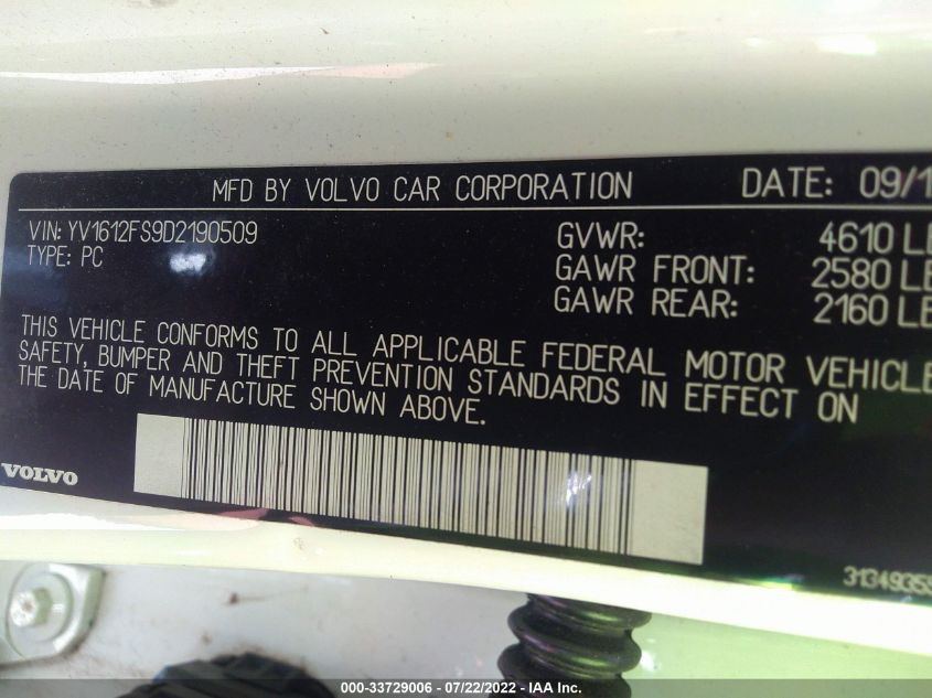 2013 VOLVO S60 T5 YV1612FS9D2190509
