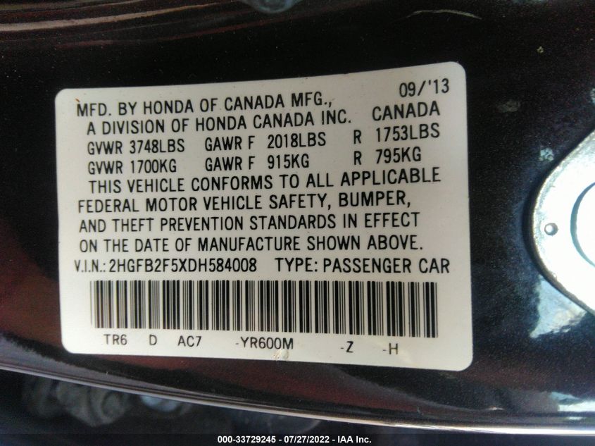 2013 HONDA CIVIC SDN LX 2HGFB2F5XDH584008