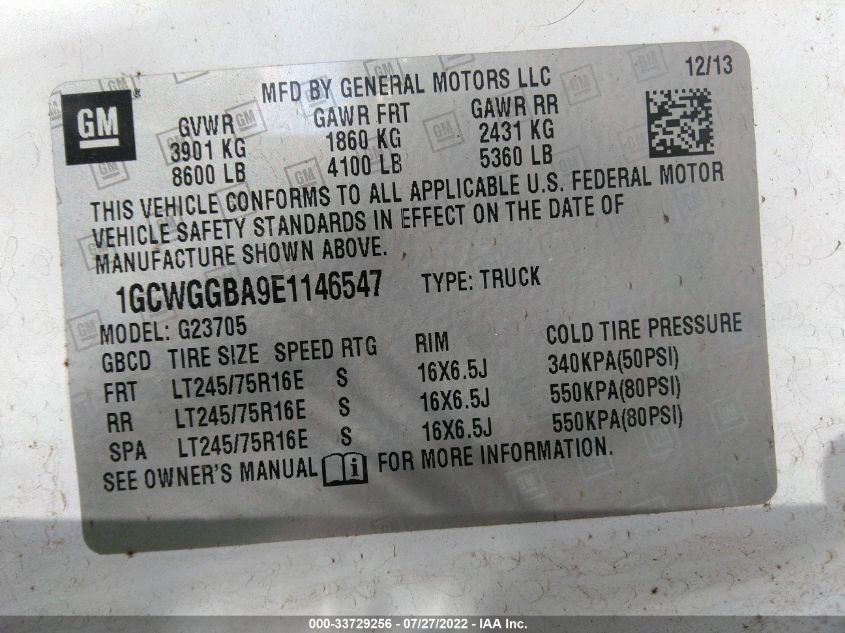 2014 CHEVROLET EXPRESS CARGO VAN 1GCWGGBA9E1146547