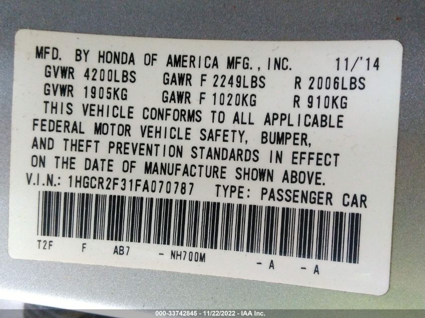 2015 HONDA ACCORD SEDAN LX 1HGCR2F31FA070787