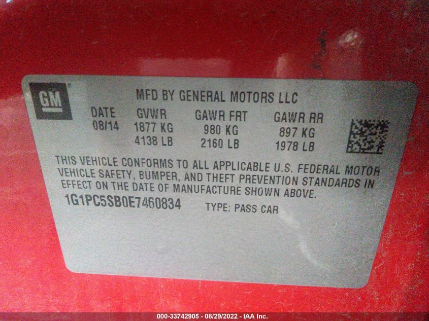 2014 CHEVROLET CRUZE 1LT 1G1PC5SB0E7460834
