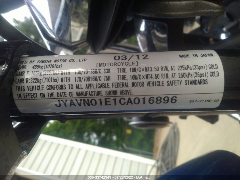 2012 YAMAHA XVS950 A/CT JYAVN01E1CA016896