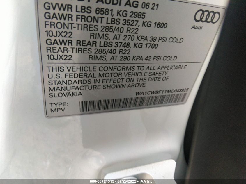 2021 AUDI SQ8 PRESTIGE WA1CWBF11MD043925