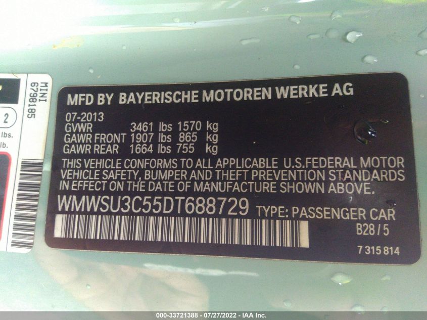 2013 MINI COOPER HARDTOP WMWSU3C55DT688729