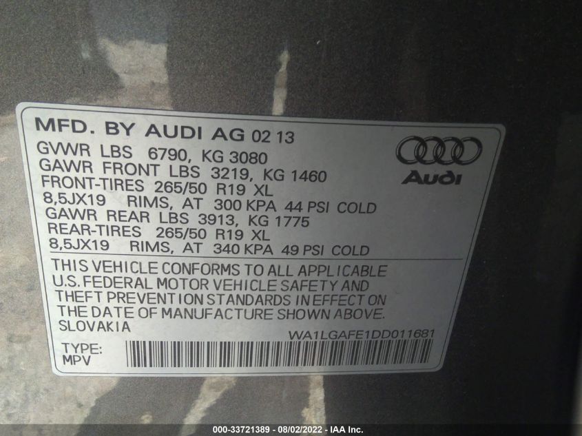 2013 AUDI Q7 3.0T PREMIUM PLUS WA1LGAFE1DD011681