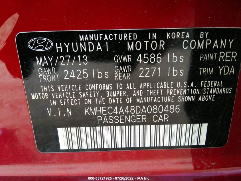 2013 HYUNDAI SONATA HYBRID LIMITED KMHEC4A48DA080486