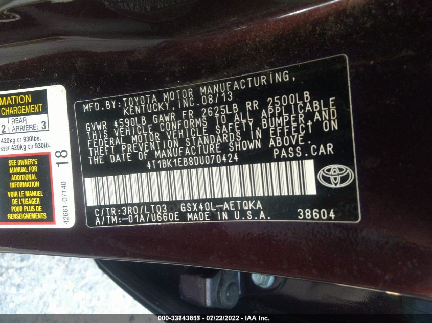 2013 TOYOTA AVALON XLE/LIMITED 4T1BK1EB8DU070424