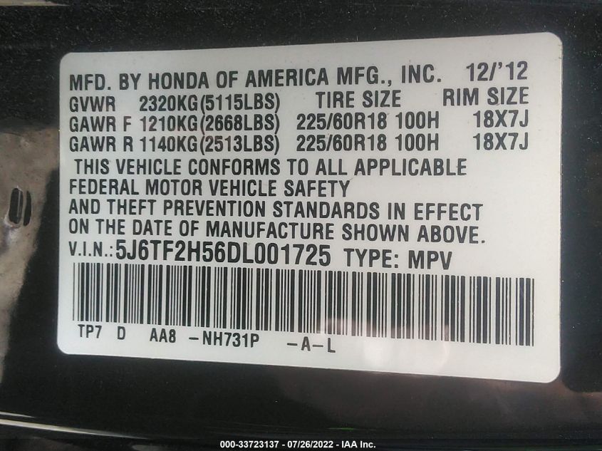 2013 HONDA CROSSTOUR EX-L 5J6TF2H56DL001725