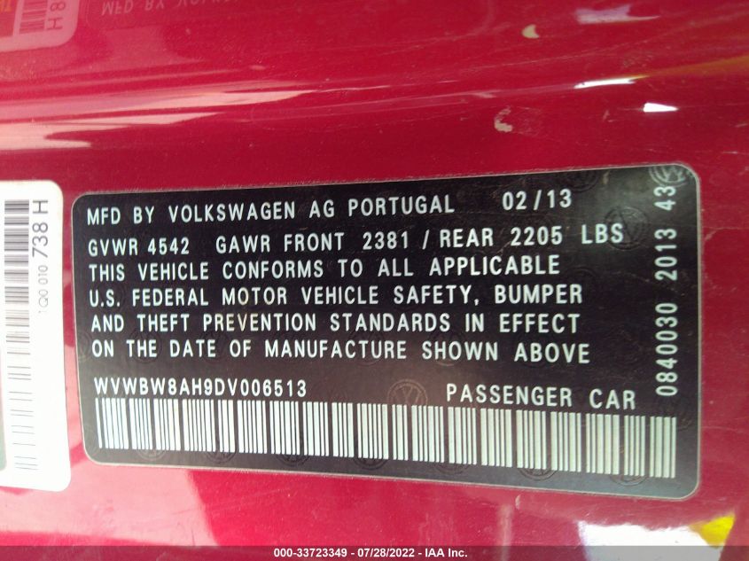 2013 VOLKSWAGEN EOS KOMFORT WVWBW8AH9DV006513
