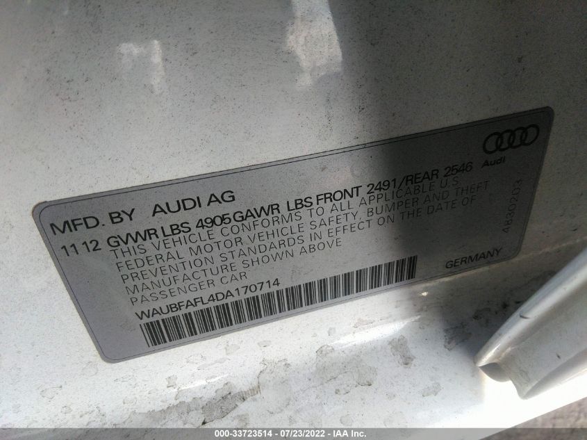 2013 AUDI A4 PREMIUM WAUBFAFL4DA170714