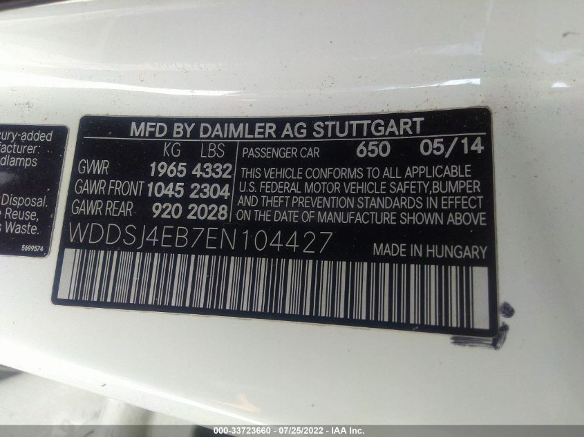 2014 MERCEDES-BENZ CLA-CLASS CLA 250 WDDSJ4EB7EN104427