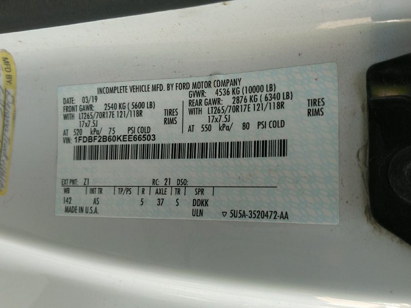 2019 FORD F250 SUPER DUTY 1FDBF2B60KEE66503