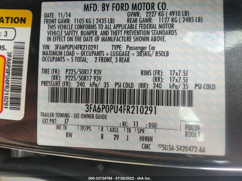 2015 FORD FUSION ENERGI SE LUXURY 3FA6P0PU4FR210291