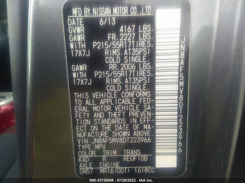 2013 NISSAN JUKE SV JN8AF5MV8DT223966