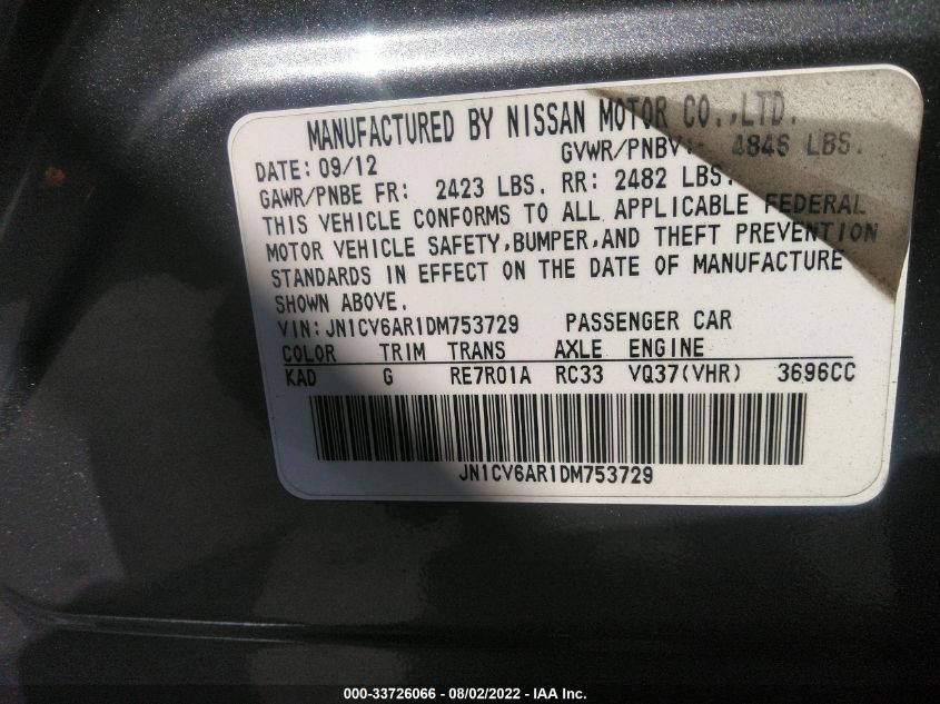 2013 INFINITI G37 SEDAN X JN1CV6AR1DM753729
