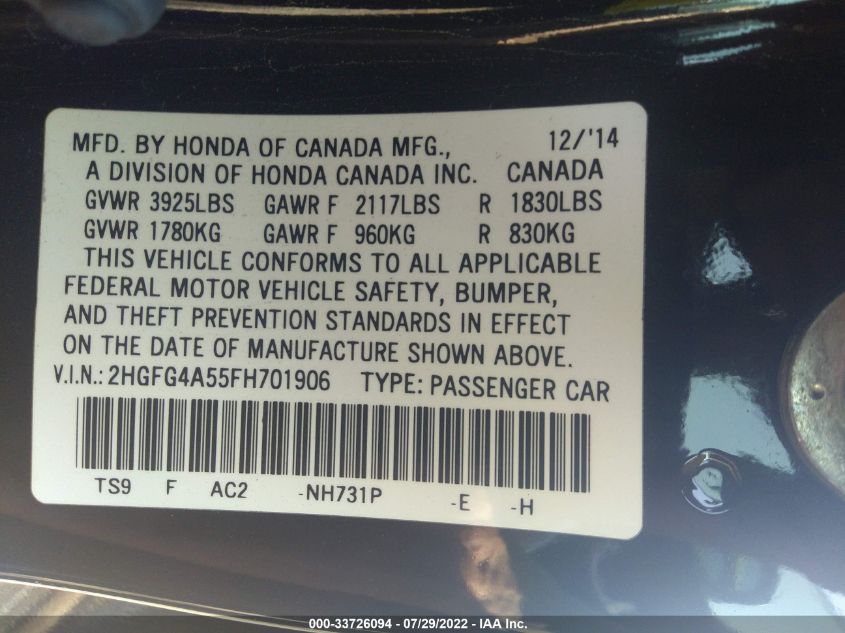 2015 HONDA CIVIC COUPE SI 2HGFG4A55FH701906