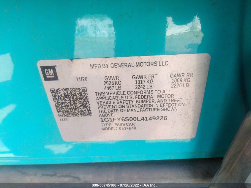 2020 CHEVROLET BOLT EV LT 1G1FY6S00L4149226
