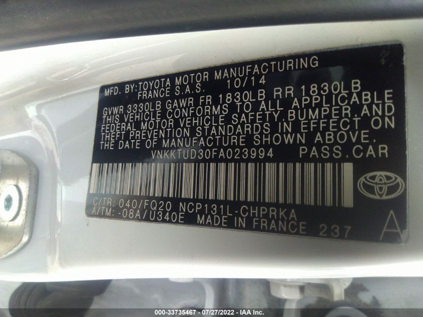 2015 TOYOTA YARIS L/SE/LE VNKKTUD30FA023994
