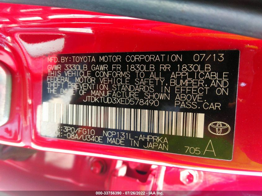 2014 TOYOTA YARIS L/SE/LE JTDKTUD3XED578490