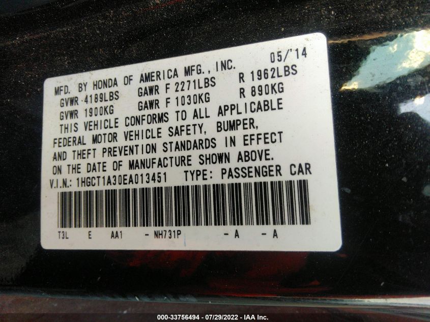 2014 HONDA ACCORD COUPE LX-S 1HGCT1A30EA013451