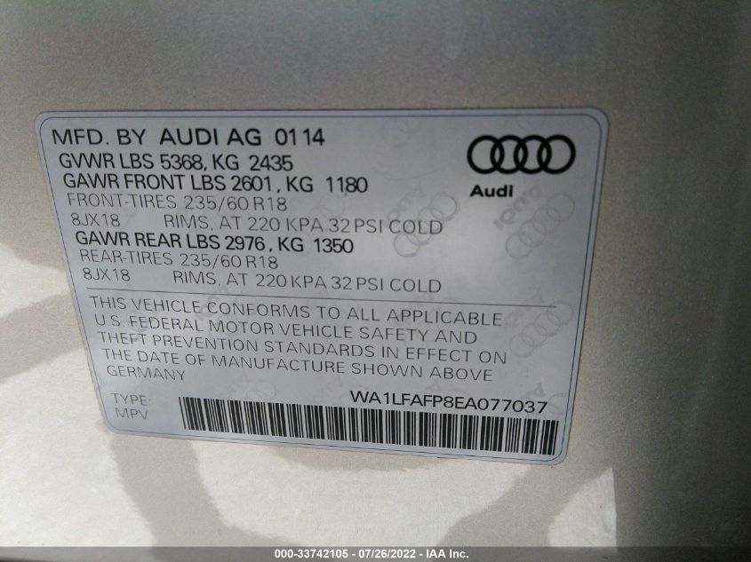 WA1LFAFP8EA077037 2014 AUDI Q5, photo no. 9