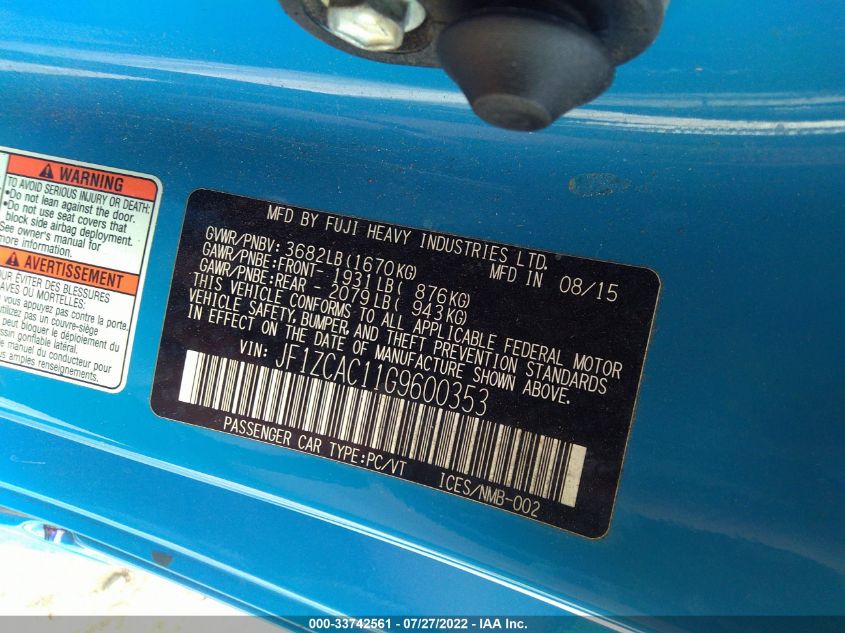 2016 SUBARU BRZ 2.0 LIMITED/BLUE.SERIES JF1ZCAC11G9600353