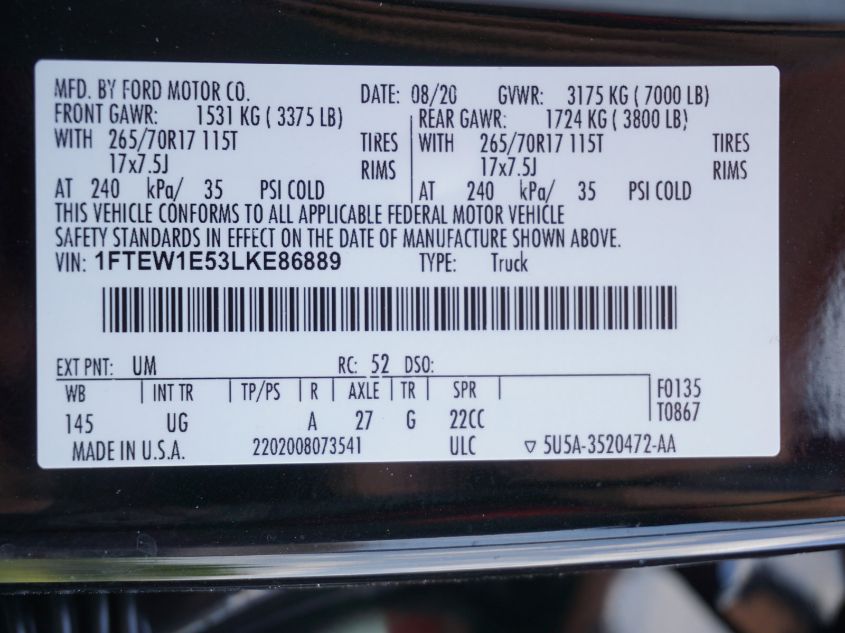 2020 FORD F150 SUPERCREW 1FTEW1E53LKE86889