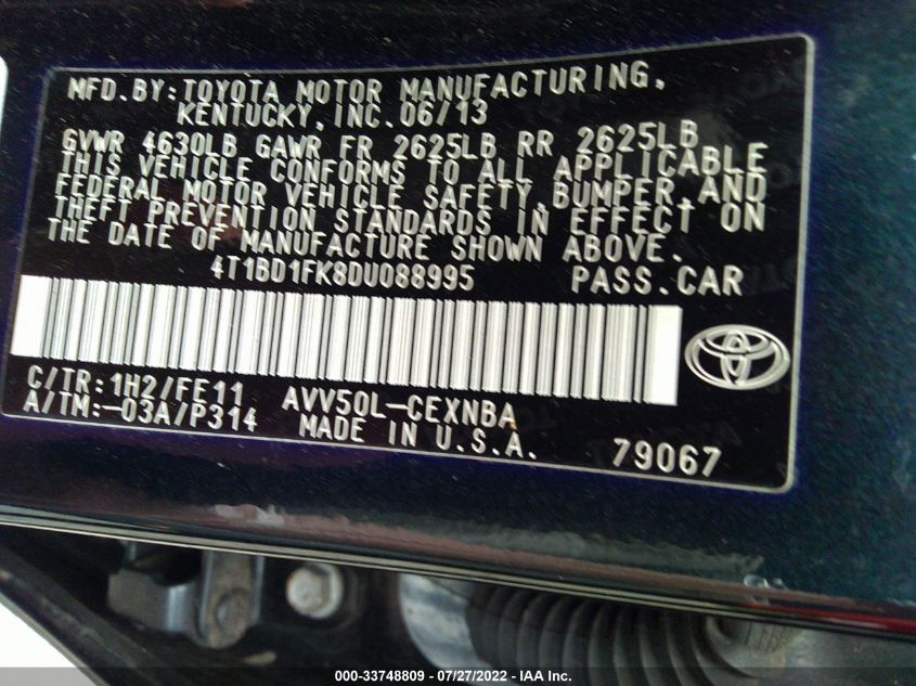 2013 TOYOTA CAMRY HYBRID LE 4T1BD1FK8DU088995