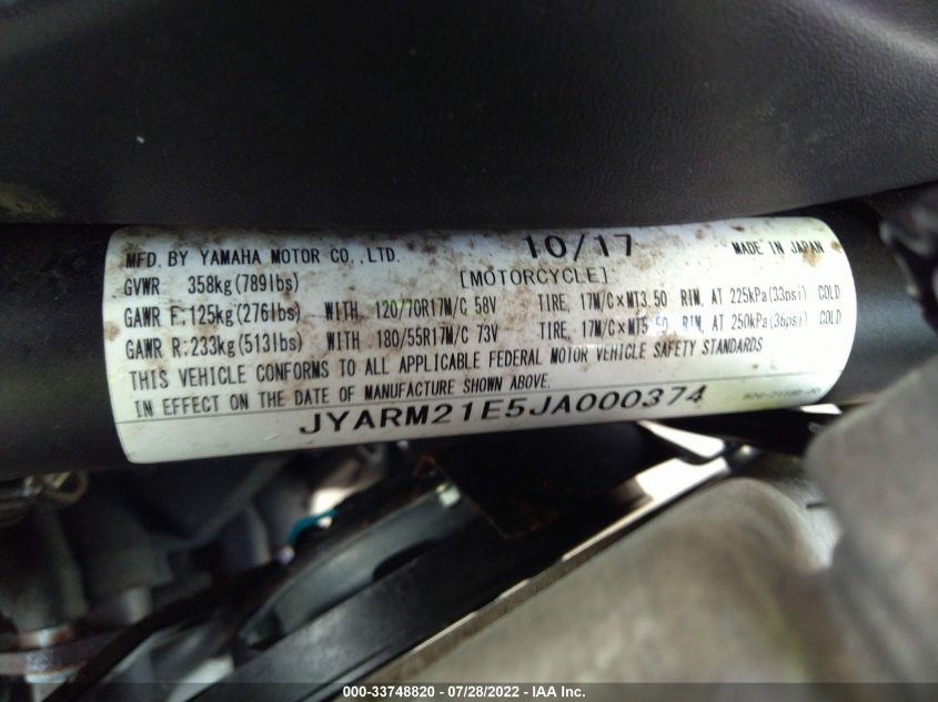 2018 YAMAHA XSR700 JYARM21E5JA000374