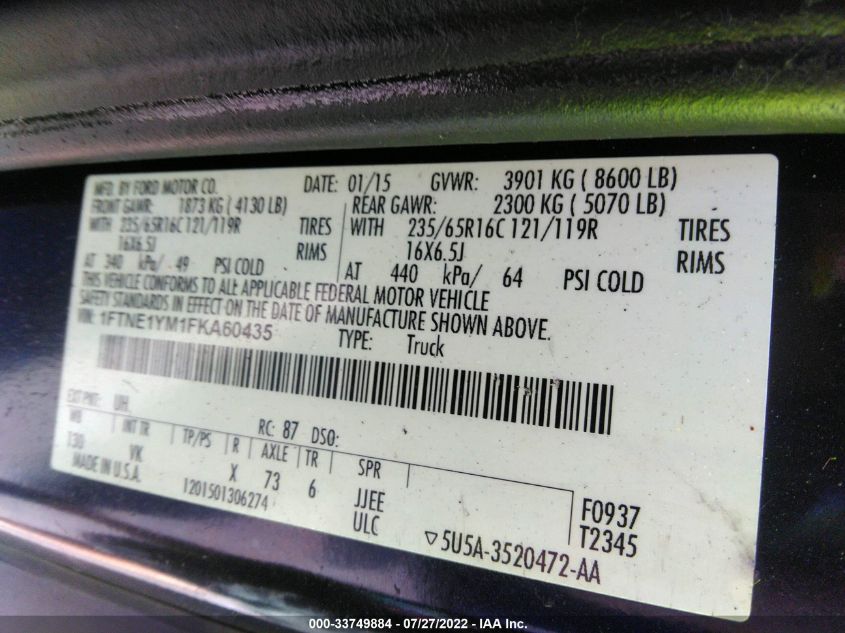 2015 FORD TRANSIT T-150 1FTNE1YM1FKA60435