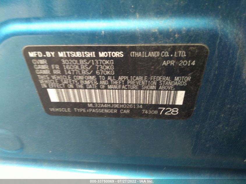 2014 MITSUBISHI MIRAGE ES ML32A4HJ9EH026134