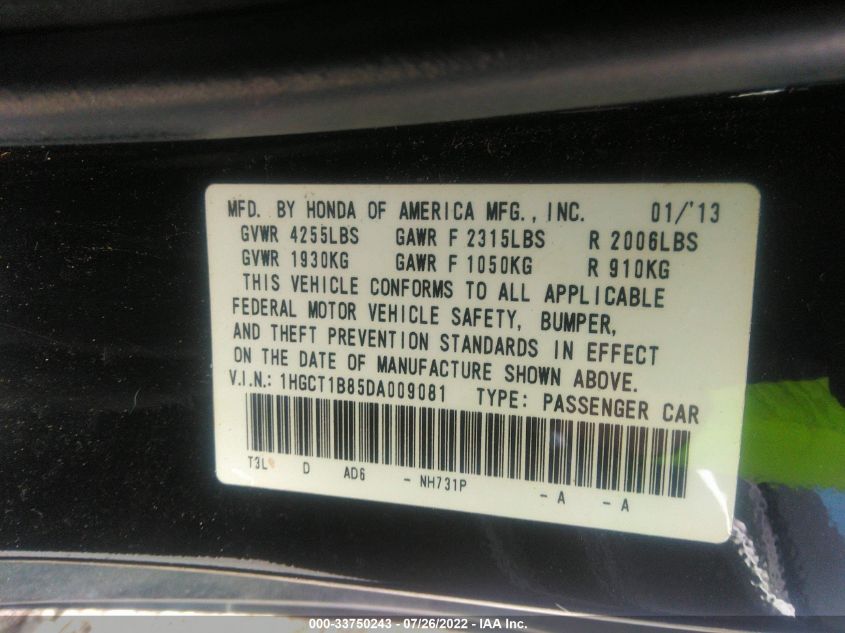 2013 HONDA ACCORD CPE EX-L 1HGCT1B85DA009081