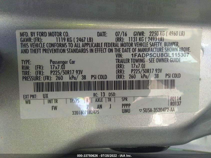2016 FORD C-MAX ENERGI SEL 1FADP5CU8GL115307