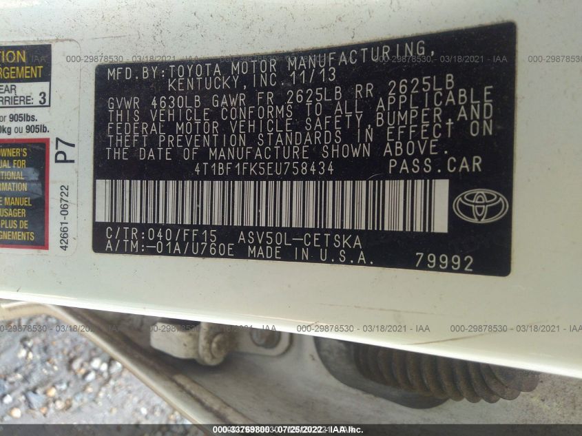 2014 TOYOTA CAMRY L/LE/XLE/SE/SE SPORT 4T1BF1FK5EU758434