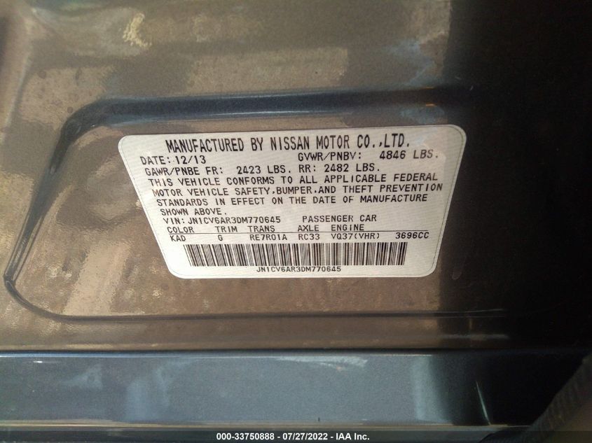 2013 INFINITI G37 SEDAN X JN1CV6AR3DM770645
