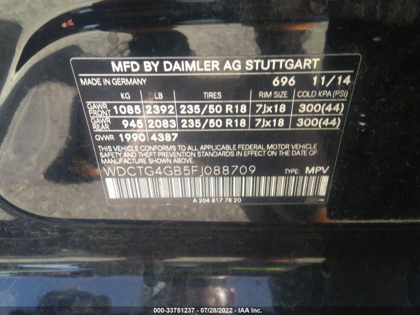 2015 MERCEDES-BENZ GLA-CLASS GLA 250 WDCTG4GB5FJ088709